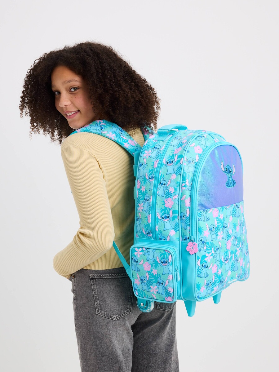 mochila con ruedas y luces de stitch